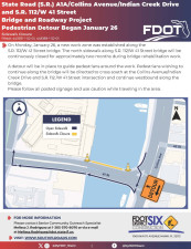 A new work zone was established along the S.R. 112/W 41 Street bridge. The north sidewalk along S.R. 112/W 41 Street bridge will be continuously closed for approximately two months during bridge rehabilitation work. A detour will be in place to guide pedestrians around the work. Pedestrians wishing to continue along the bridge will be directed to cross south at the Collins Avenue/Indian Creek Drive and S.R. 112 /W 41 Street intersection and continue westbound along the bridge.
Please follow all posted signage and use caution while traveling in the area.