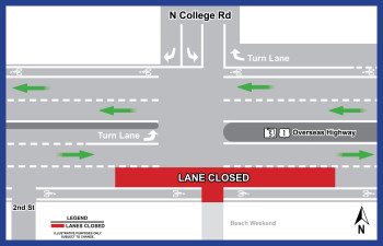 Street map showing the area along S.R.5/U.S. 1/Overseas Hwy. and the intersections of N. College Rd. and 2nd Street, indicating a lane closure on the eastbound outside lane at the Beach Weekend driveway.