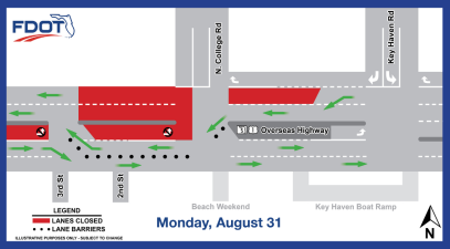 Map showing lane closure for Monday, August 31, westbound lanes are closed from N. College Rd. to 3rd St. with traffic detoured to an eastbound lane. One lane of travel in each direction is open. Includes FDOT logo and North directional arrow.