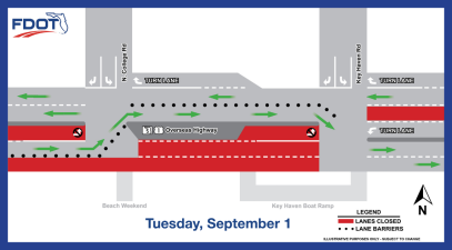 Traffic detour map showing closures and lane shifts on Overseas Highway planned for Tuesday, September 1. There is an FDOT header and a north indicator.